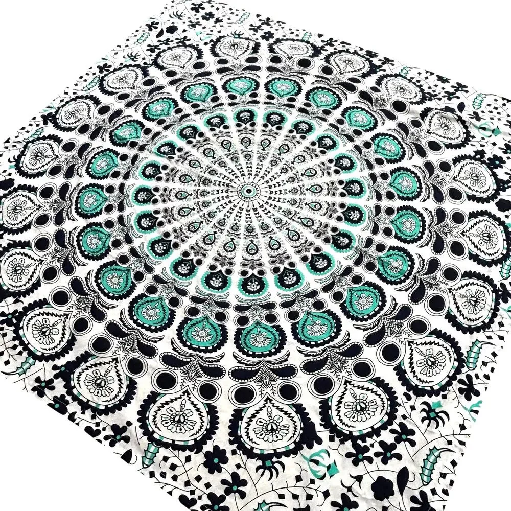 Huntington Home Printed Cotton Tablecloth Navy Blue Green & White Mandala Square